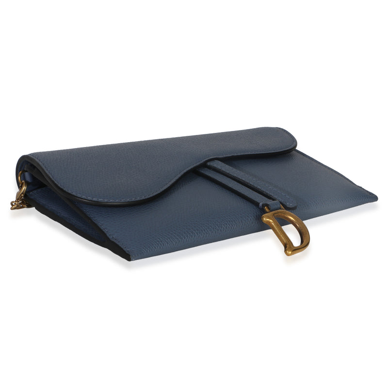 Christian Dior Blue Grained Calfskin Small Saddle Pouch With Chain Leather Handbag