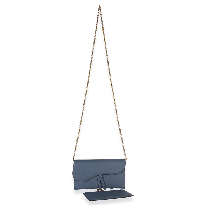 Christian Dior Blue Grained Calfskin Small Saddle Pouch With Chain Leather Handbag