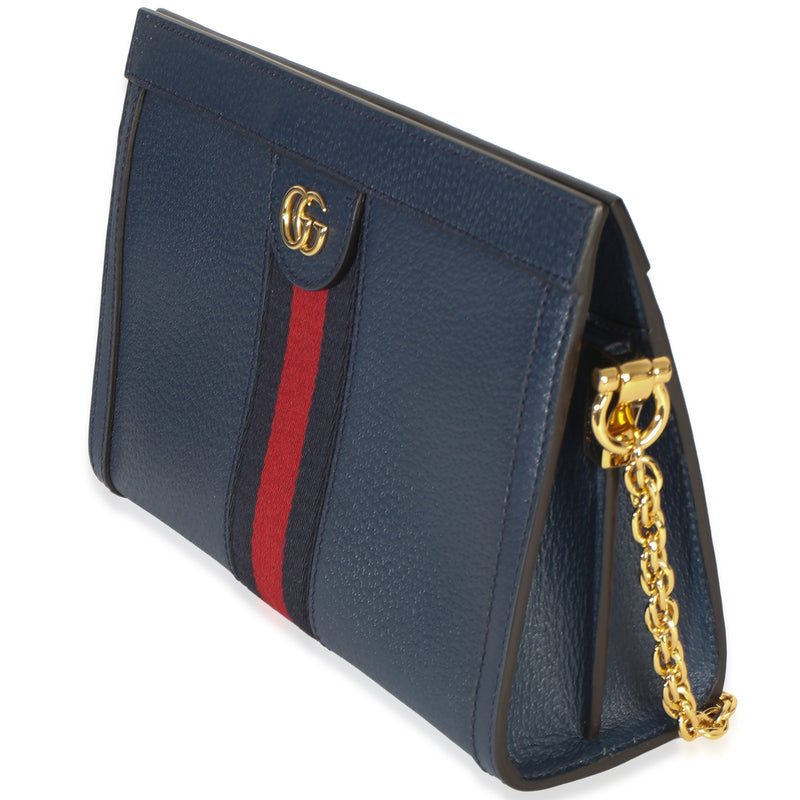 Gucci Navy Calfskin Gg Ophidia Small Web Chain Bag Blue Leather Handbag
