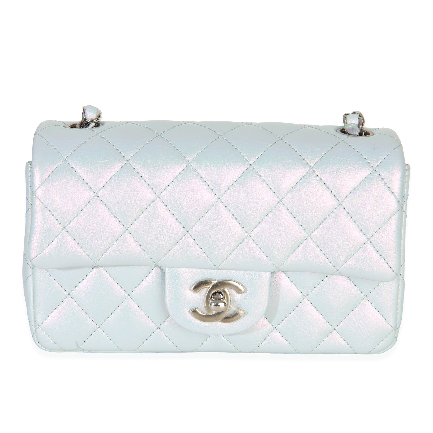 Chanel Blue Iridescent Quilted Goatskin Rectangular Mini Flap Leather Handbag