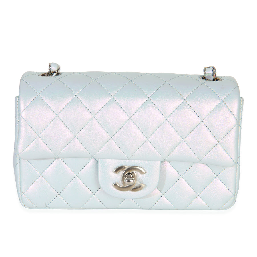 Chanel Blue Iridescent Quilted Goatskin Rectangular Mini Flap Leather Handbag