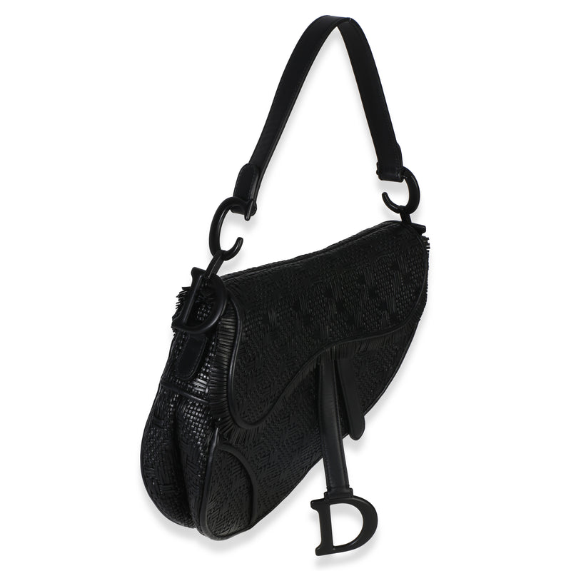 Christian Dior Black Ultramatte Woven Calfskin Saddle Bag Leather Handbag