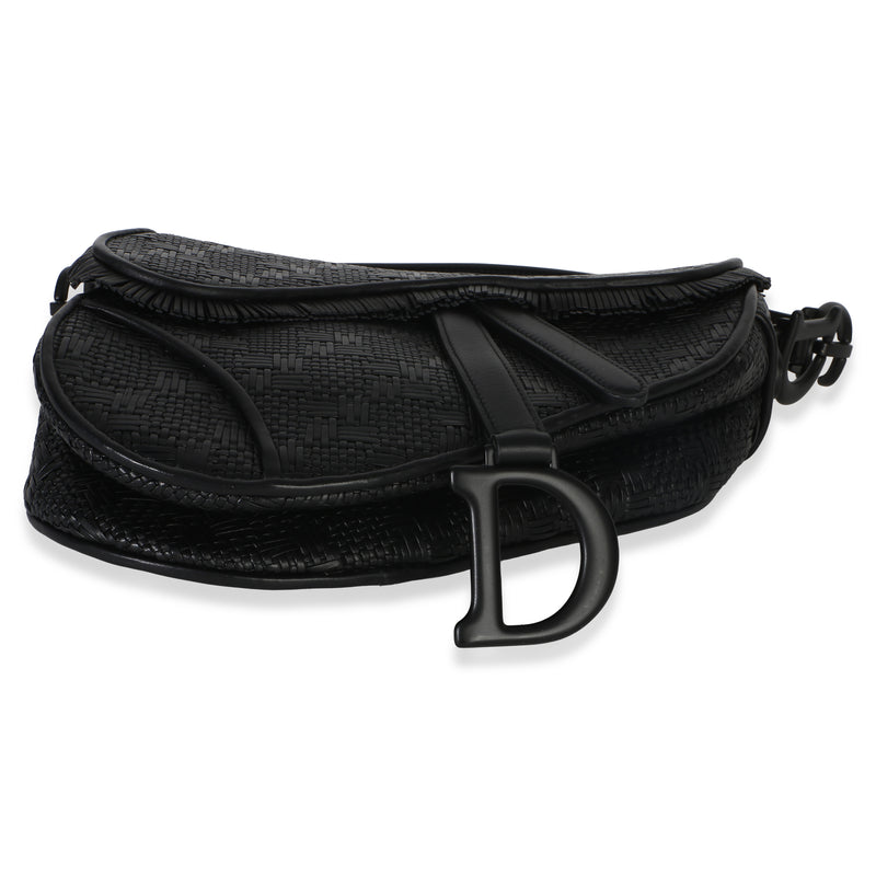 Christian Dior Black Ultramatte Woven Calfskin Saddle Bag Leather Handbag