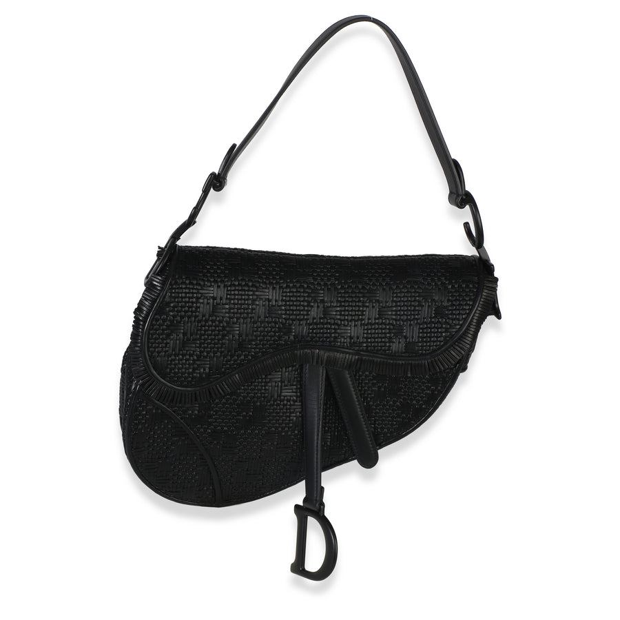 Christian Dior Black Ultramatte Woven Calfskin Saddle Bag Leather Handbag