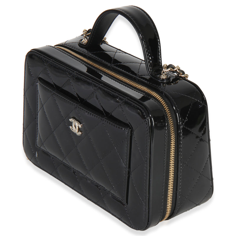 Chanel Black Quilted Patent Top Handle Vanity With Chain Leather Handbag