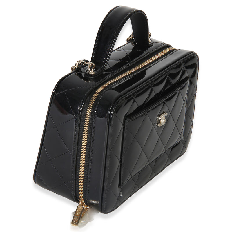 Chanel Black Quilted Patent Top Handle Vanity With Chain Leather Handbag