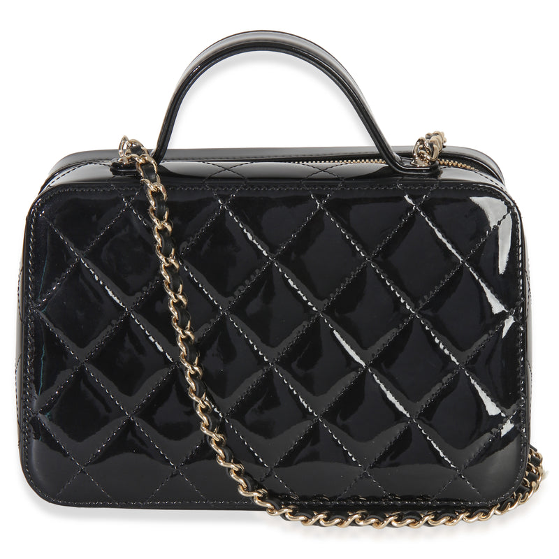 Chanel Black Quilted Patent Top Handle Vanity With Chain Leather Handbag