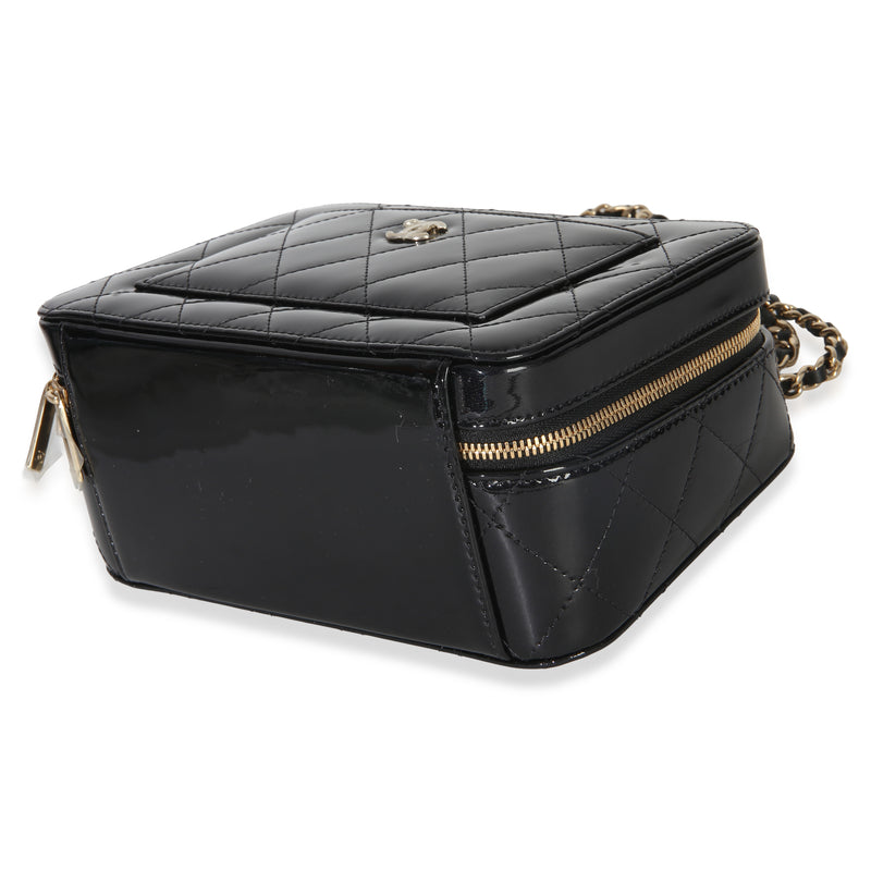 Chanel Black Quilted Patent Top Handle Vanity With Chain Leather Handbag