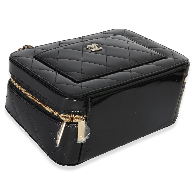 Chanel Black Quilted Patent Top Handle Vanity With Chain Leather Handbag