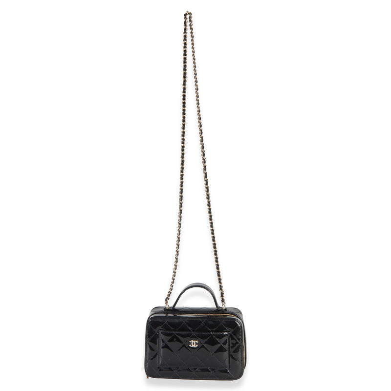 Chanel Black Quilted Patent Top Handle Vanity With Chain Leather Handbag