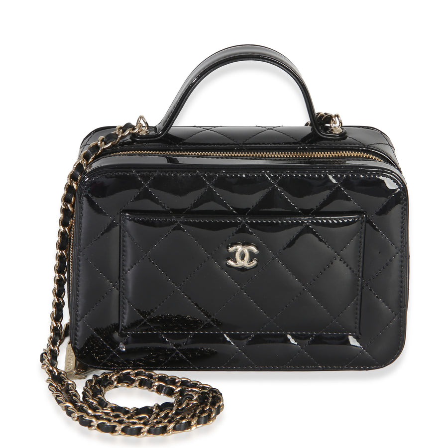 Chanel Black Quilted Patent Top Handle Vanity With Chain Leather Handbag