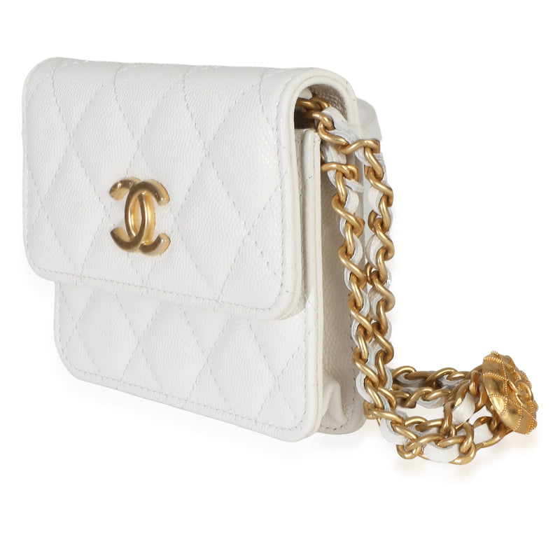 Chanel White Quilted Caviar Twist Your Buttons Coin Purse With Chain Leather Handbag