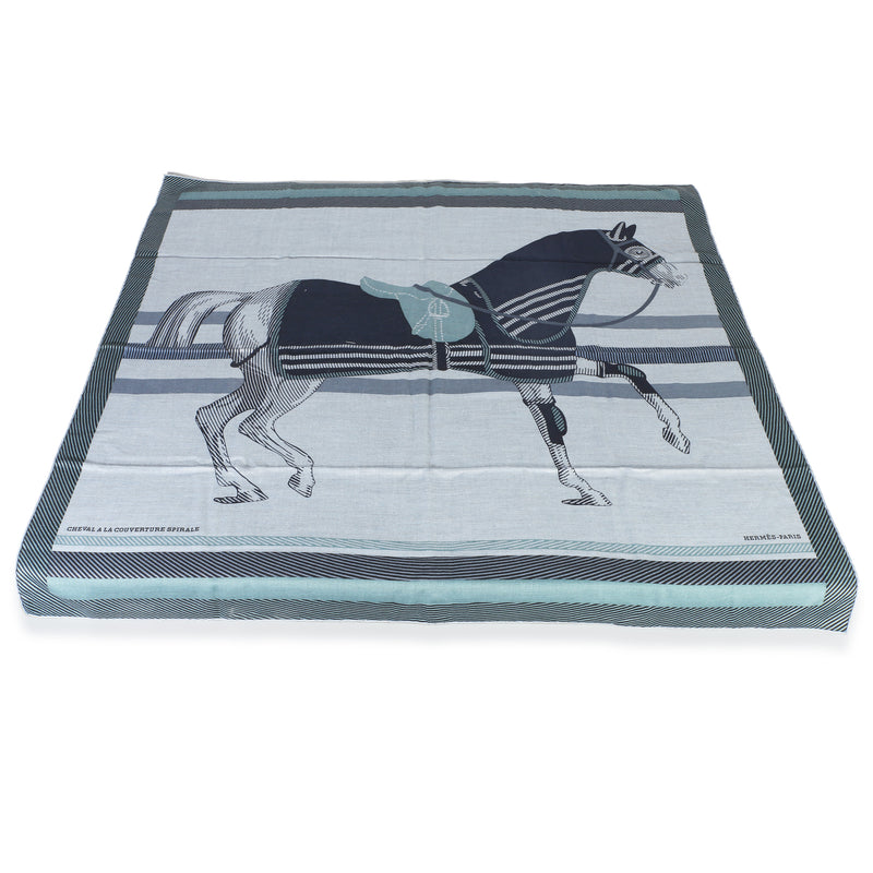 Hermès Mens Ciel Chine Cheval A La Couverture Cashmere Silk Scarf 100 Blue Scarves/wraps