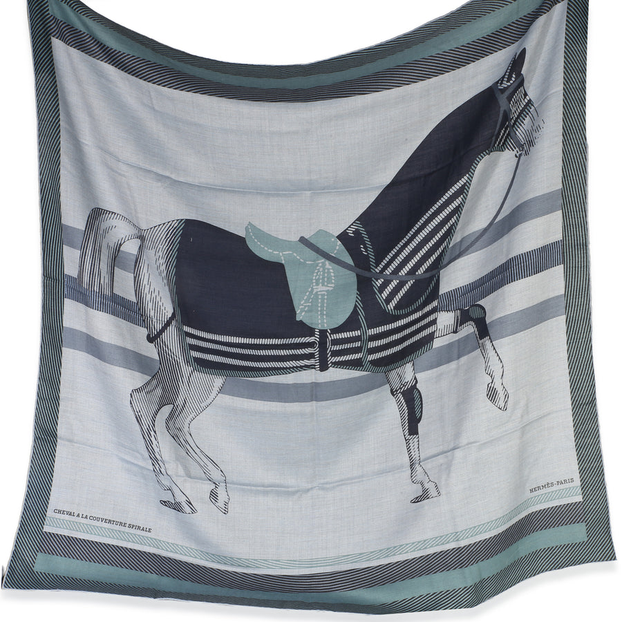 Hermès Mens Ciel Chine Cheval A La Couverture Cashmere Silk Scarf 100 Blue Scarves/wraps