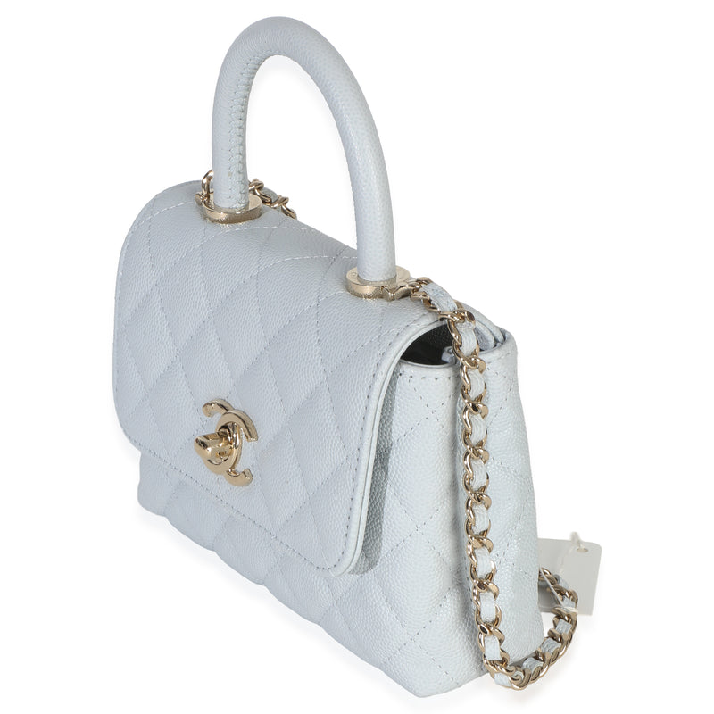 Chanel Light Blue Quilted Caviar Coco Handle Clutch With Chain Handbag Leather