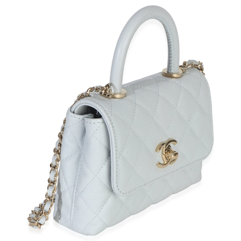Chanel Light Blue Quilted Caviar Coco Handle Clutch With Chain Handbag Leather