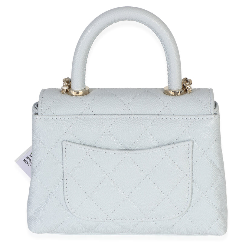 Chanel Light Blue Quilted Caviar Coco Handle Clutch With Chain Handbag Leather