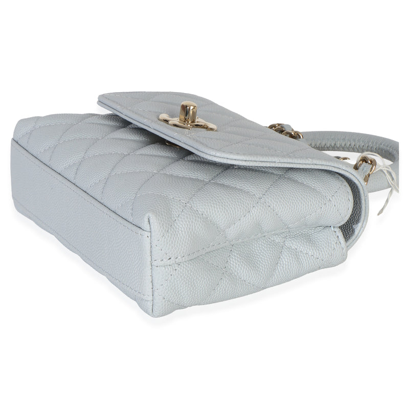Chanel Light Blue Quilted Caviar Coco Handle Clutch With Chain Handbag Leather