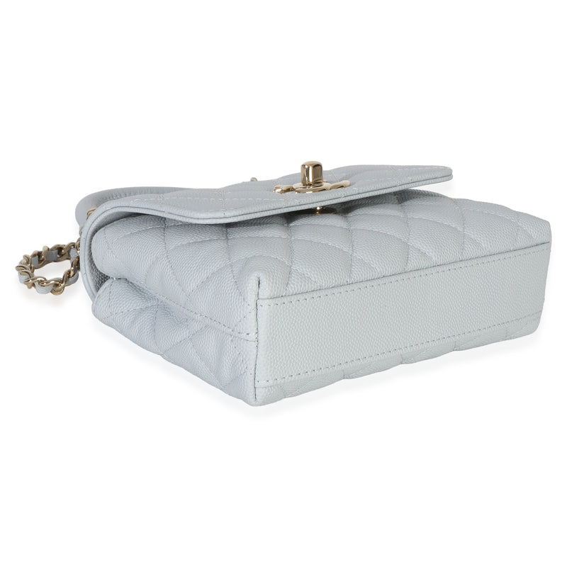 Chanel Light Blue Quilted Caviar Coco Handle Clutch With Chain Handbag Leather