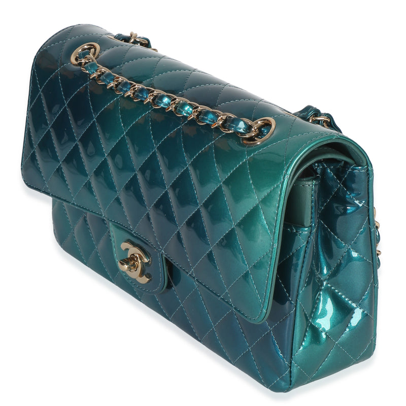 Chanel Green Blue Shaded Quilted Patent Medium Classic Double Flap Bag Blue; Leather Handbag