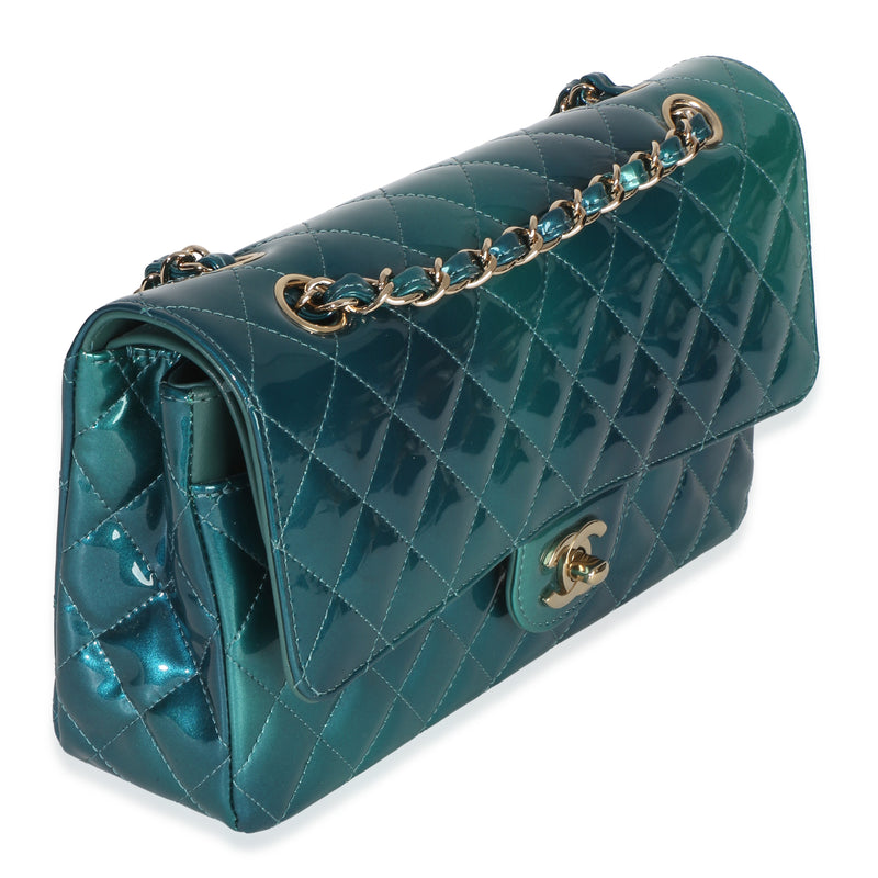 Chanel Green Blue Shaded Quilted Patent Medium Classic Double Flap Bag Blue; Leather Handbag