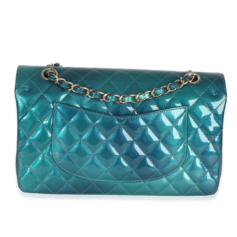 Chanel Green Blue Shaded Quilted Patent Medium Classic Double Flap Bag Blue; Leather Handbag