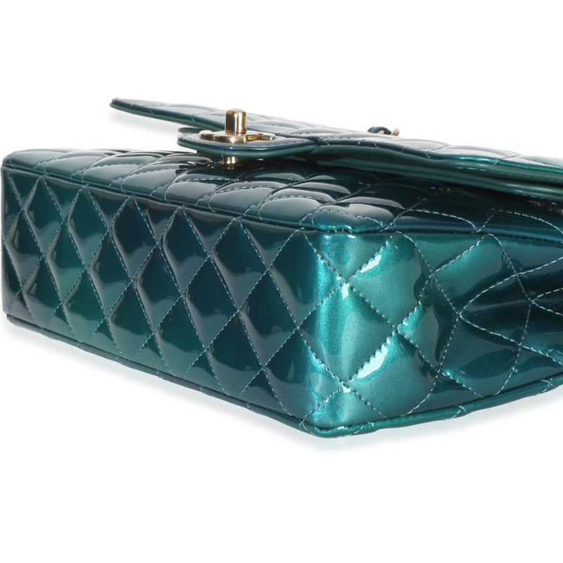 Chanel Green Blue Shaded Quilted Patent Medium Classic Double Flap Bag Blue; Leather Handbag