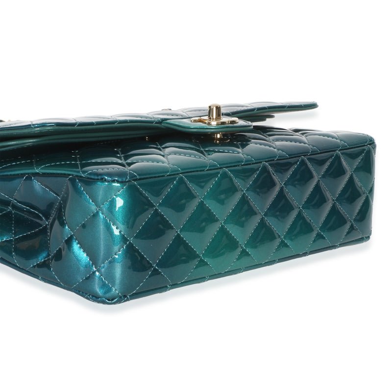 Chanel Green Blue Shaded Quilted Patent Medium Classic Double Flap Bag Blue; Leather Handbag