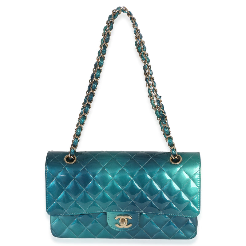 Chanel Green Blue Shaded Quilted Patent Medium Classic Double Flap Bag Blue; Leather Handbag