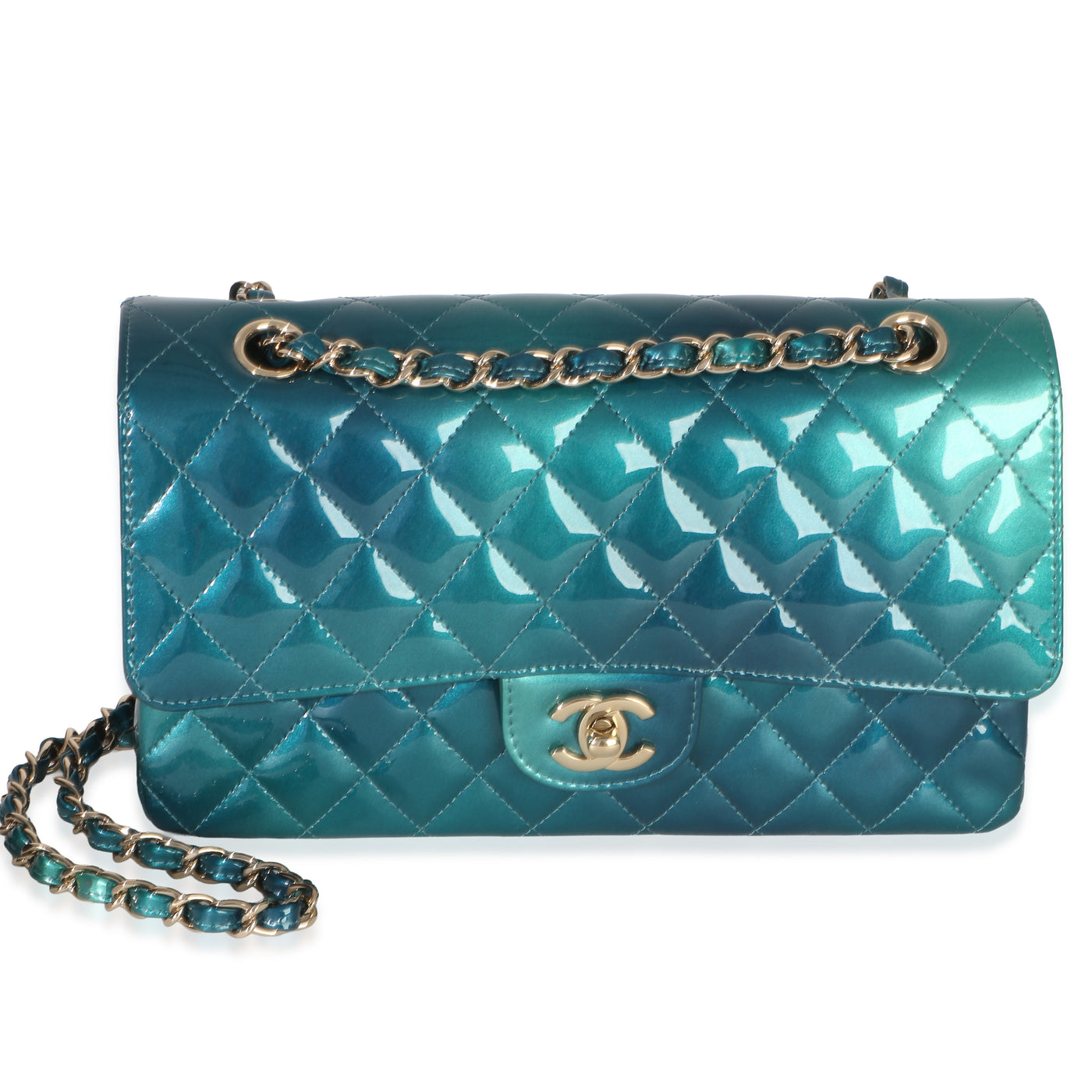 Chanel Green Blue Shaded Quilted Patent Medium Classic Double Flap Bag Blue; Leather Handbag
