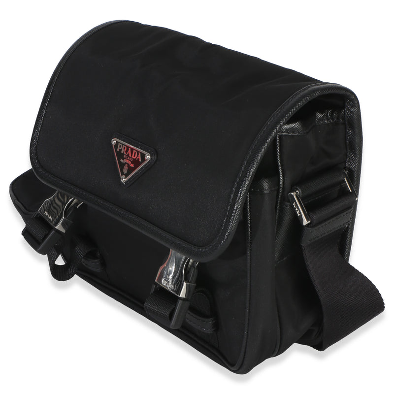 Prada Black Re-Nylon Saffiano Double Buckle Messenger Bag Handbag