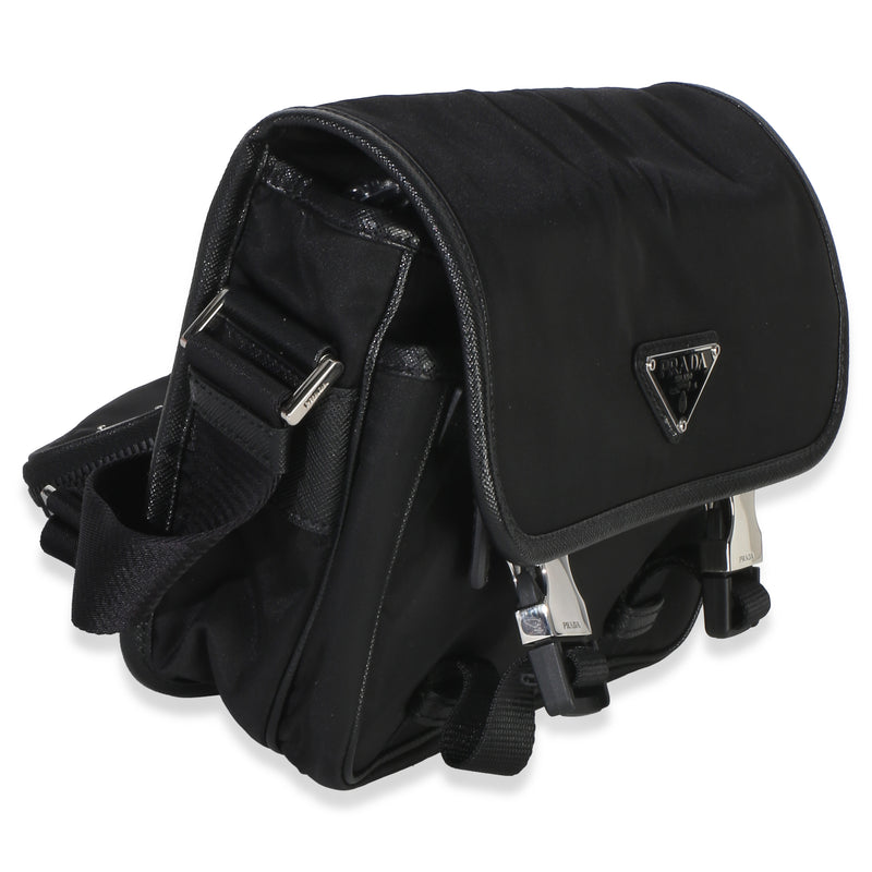 Prada Black Re-Nylon Saffiano Double Buckle Messenger Bag Handbag