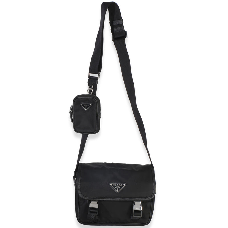 Prada Black Re-Nylon Saffiano Double Buckle Messenger Bag Handbag