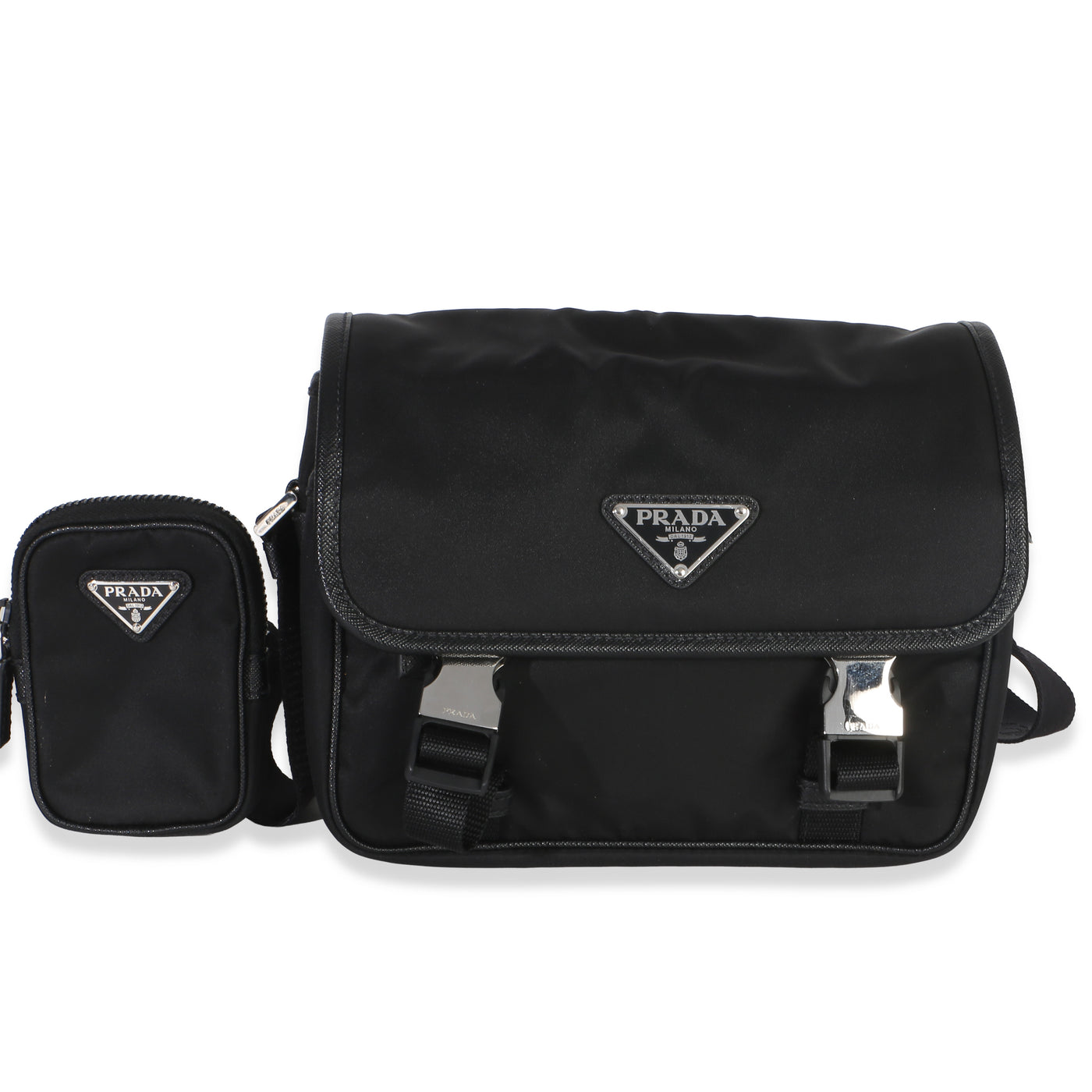 Prada Black Re-Nylon Saffiano Double Buckle Messenger Bag Handbag