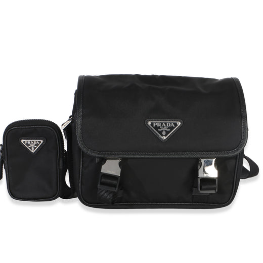 Prada Black Re-Nylon Saffiano Double Buckle Messenger Bag Handbag