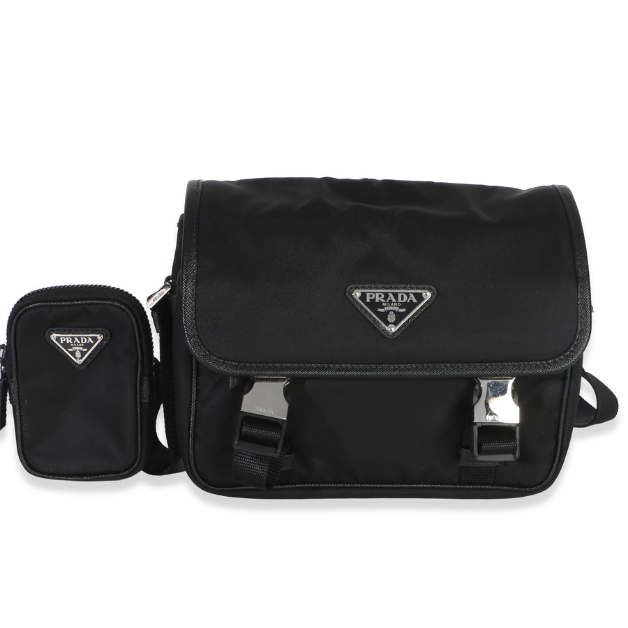 Prada Black Re-Nylon Saffiano Double Buckle Messenger Bag Handbag