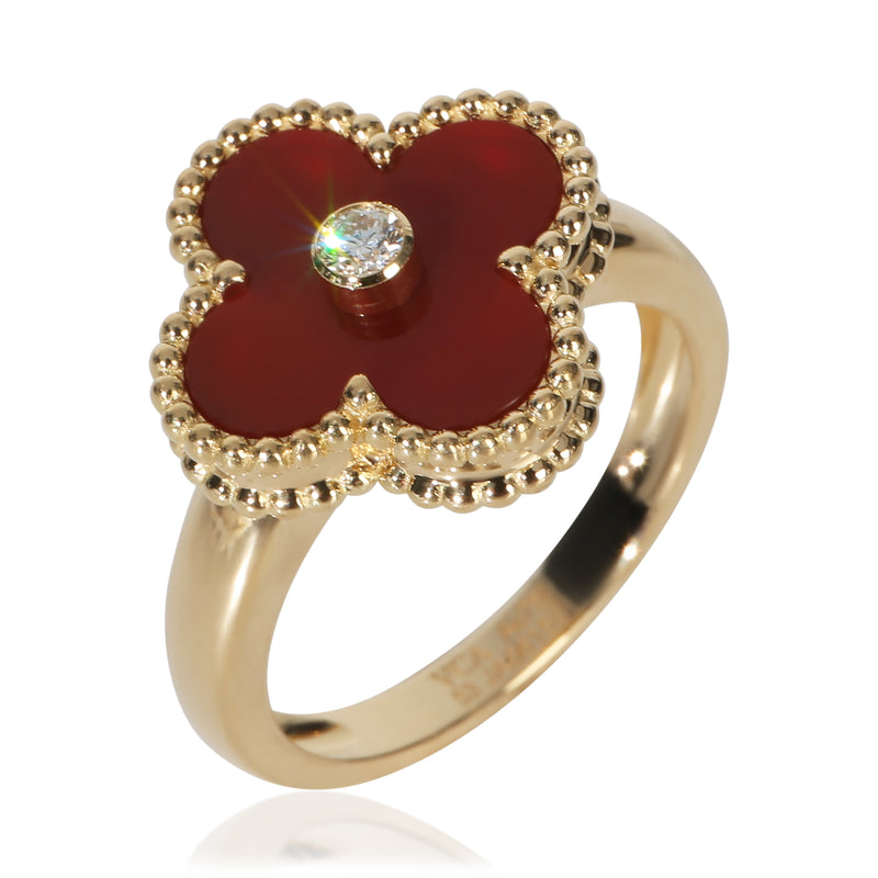 Van Cleef & Arpels Yellow Gold Carnelian And Diamond Vintage Alhambra Ring 18k