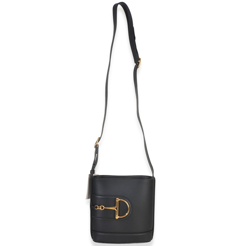 Gucci Black Smooth Calfskin Hasler Horsebit 73 Small Bucket Bag Leather Handbag