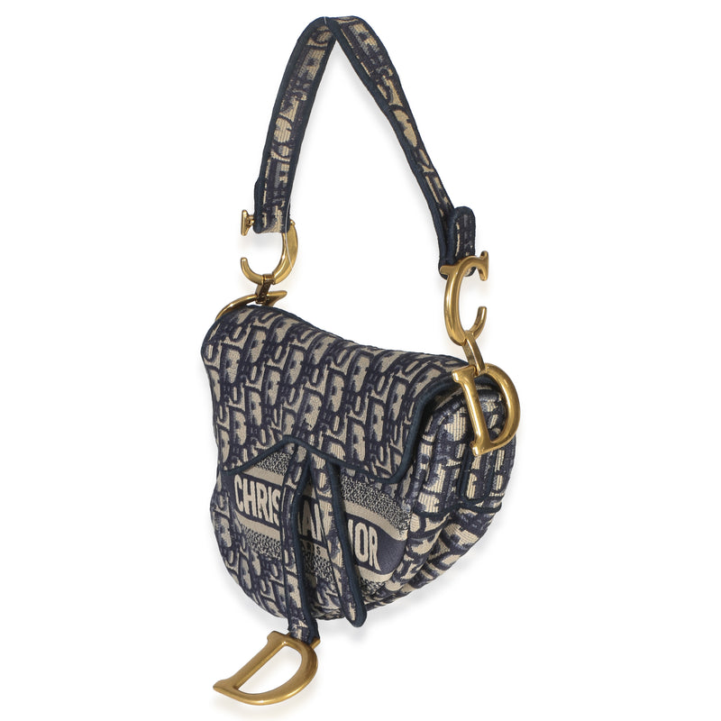 Christian Dior Blue Oblique Embroidered Medium Saddle Bag Beige; Canvas Handbag
