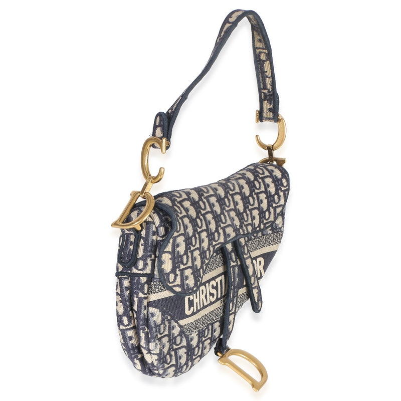 Christian Dior Blue Oblique Embroidered Medium Saddle Bag Beige; Canvas Handbag