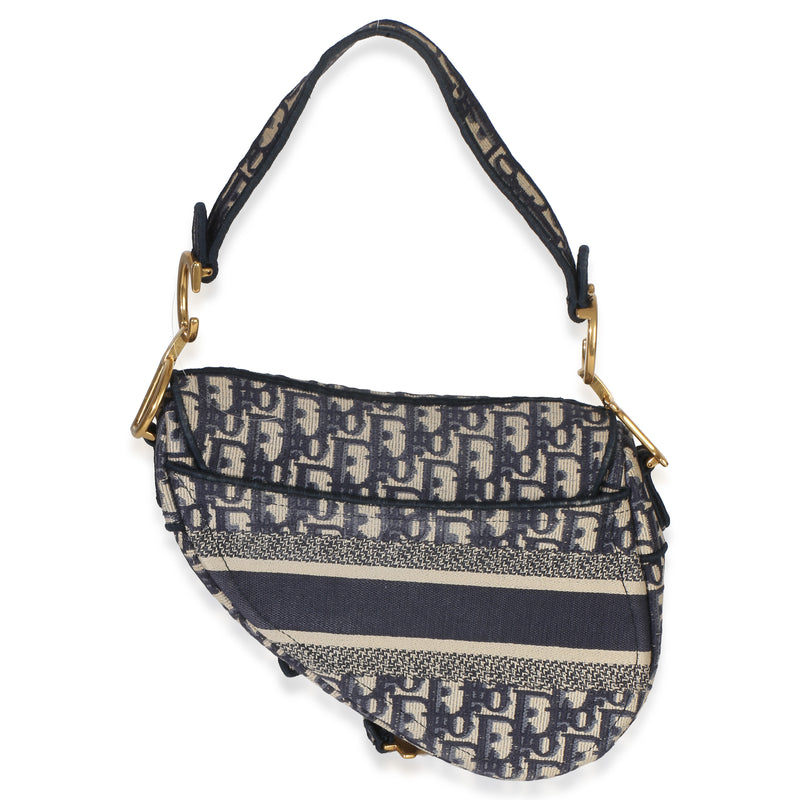 Christian Dior Blue Oblique Embroidered Medium Saddle Bag Beige; Canvas Handbag