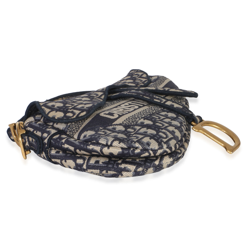 Christian Dior Blue Oblique Embroidered Medium Saddle Bag Beige; Canvas Handbag