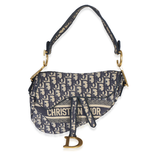 Christian Dior Blue Oblique Embroidered Medium Saddle Bag Beige; Canvas Handbag