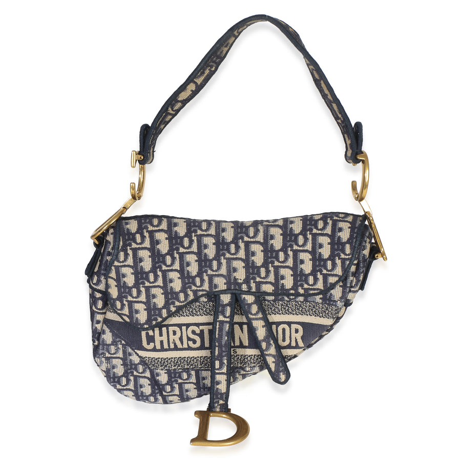 Christian Dior Blue Oblique Embroidered Medium Saddle Bag Beige; Canvas Handbag