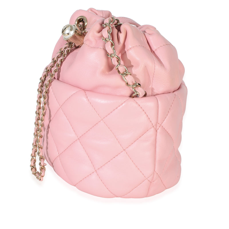 Chanel Pink Quilted Lambskin Pearl Drawstring Bucket Bag Leather Handbag