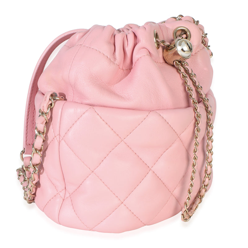 Chanel Pink Quilted Lambskin Pearl Drawstring Bucket Bag Leather Handbag