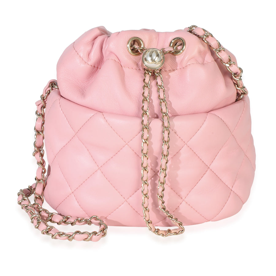 Chanel Pink Quilted Lambskin Pearl Drawstring Bucket Bag Leather Handbag