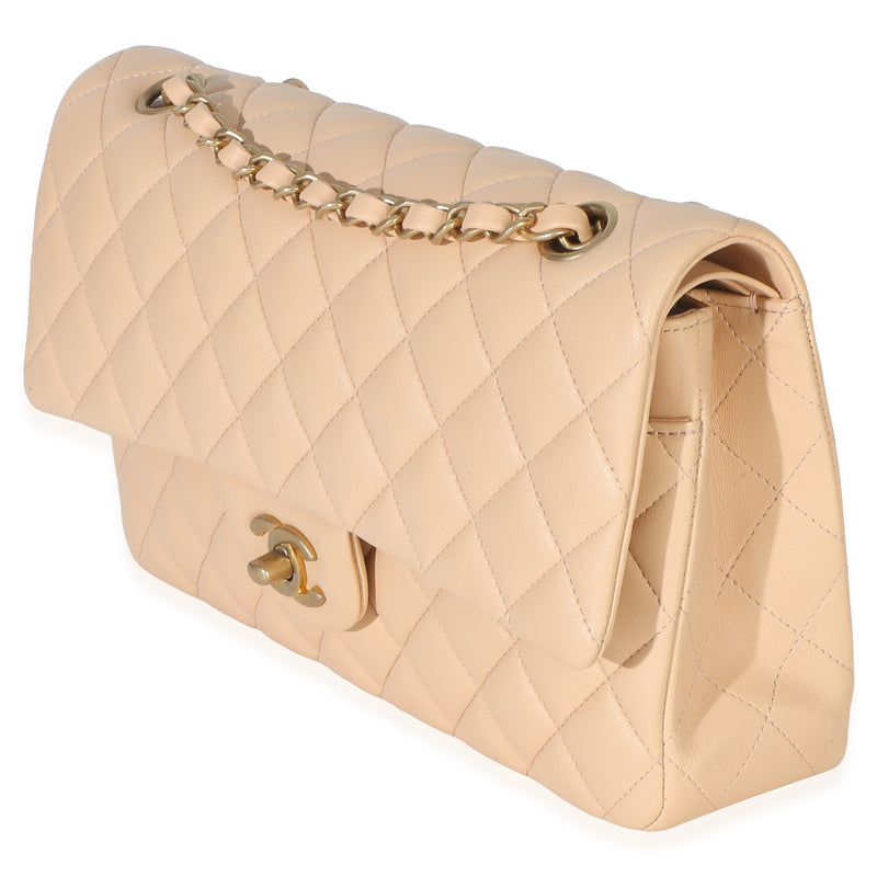 Chanel Beige Quilted Lambskin Medium Classic Double Flap Bag Leather Handbag
