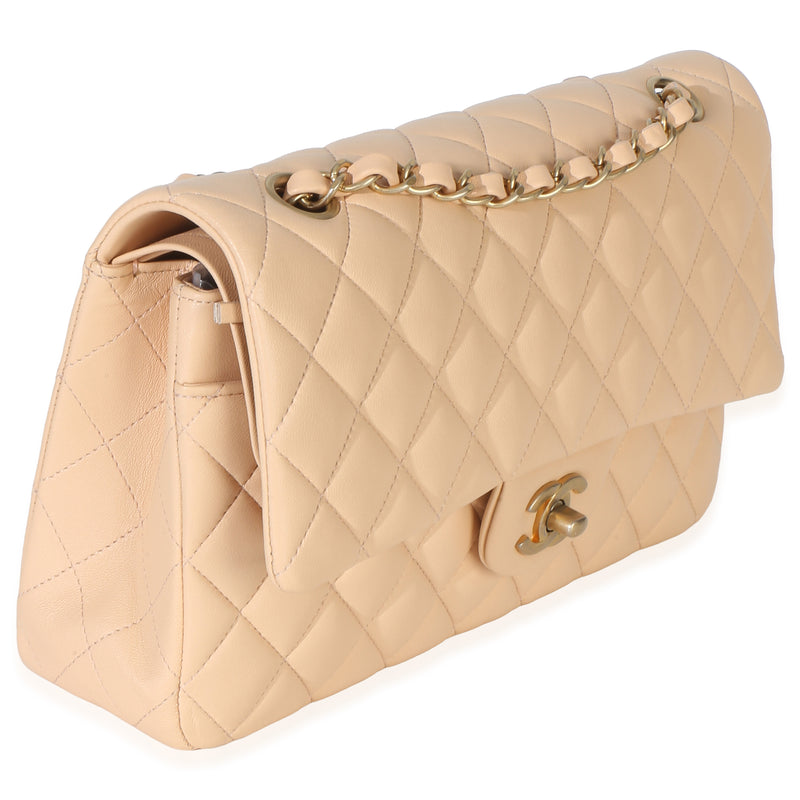 Chanel Beige Quilted Lambskin Medium Classic Double Flap Bag Leather Handbag