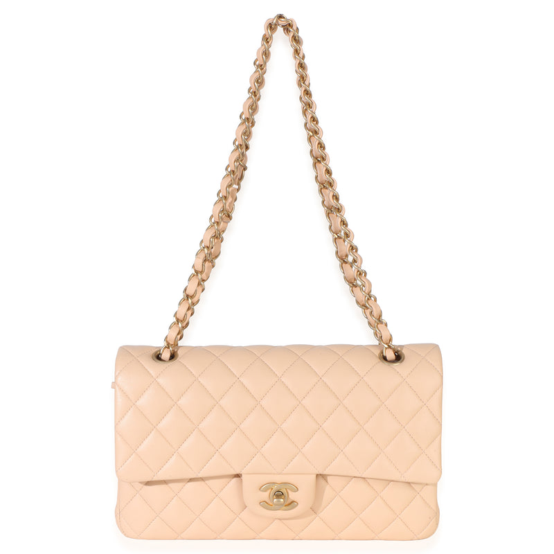 Chanel Beige Quilted Lambskin Medium Classic Double Flap Bag Leather Handbag